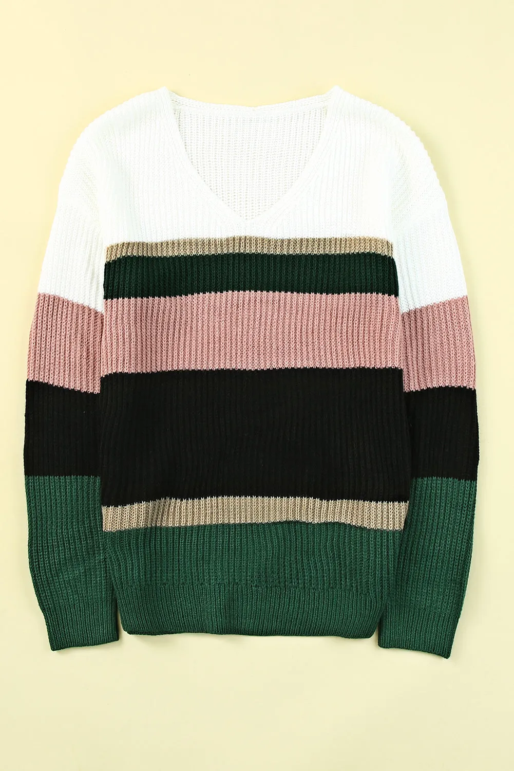 Colorblock V Neck Ribbed Knitted Sweater