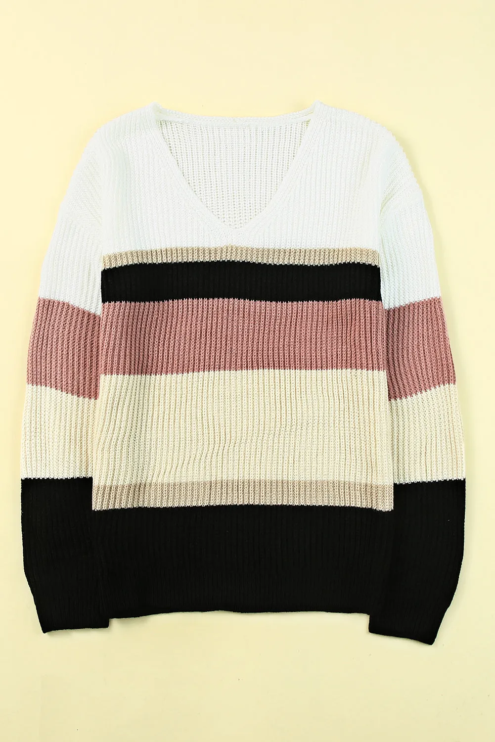 Colorblock V Neck Ribbed Knitted Sweater