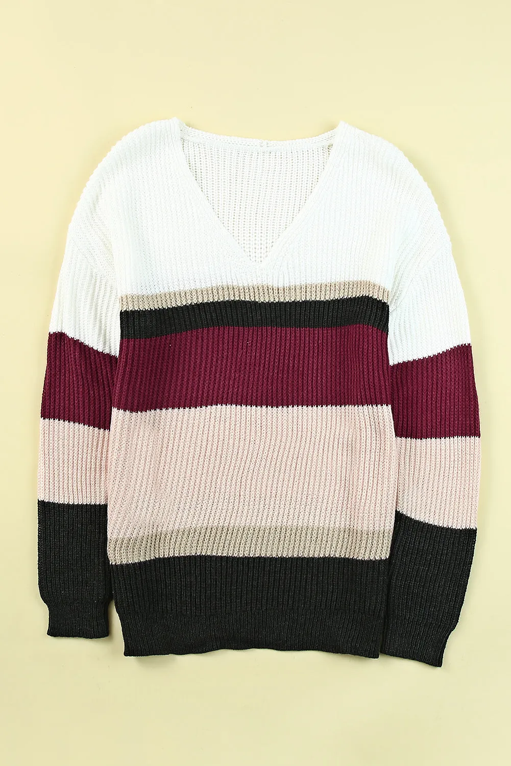 Colorblock V Neck Ribbed Knitted Sweater