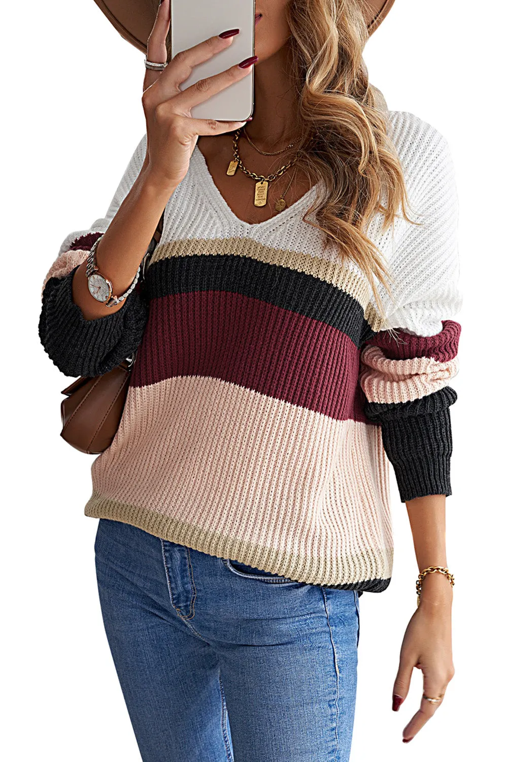 Colorblock V Neck Ribbed Knitted Sweater