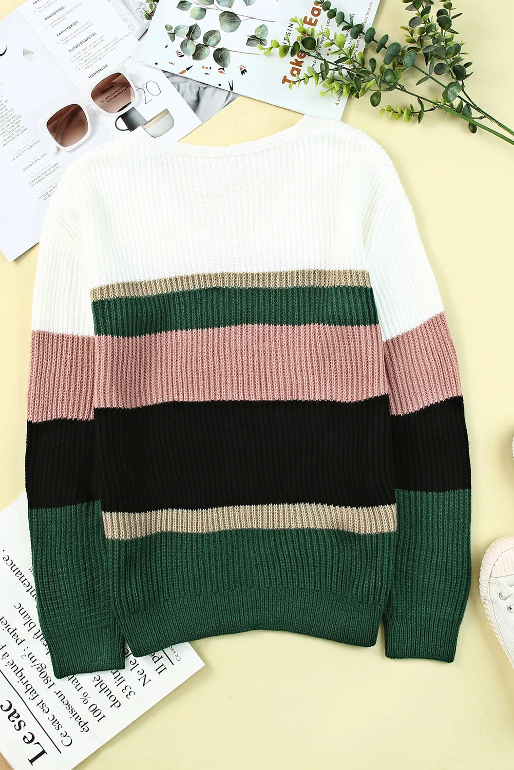 Colorblock V Neck Ribbed Knitted Sweater