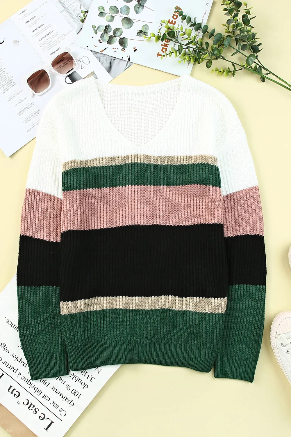 Colorblock V Neck Ribbed Knitted Sweater
