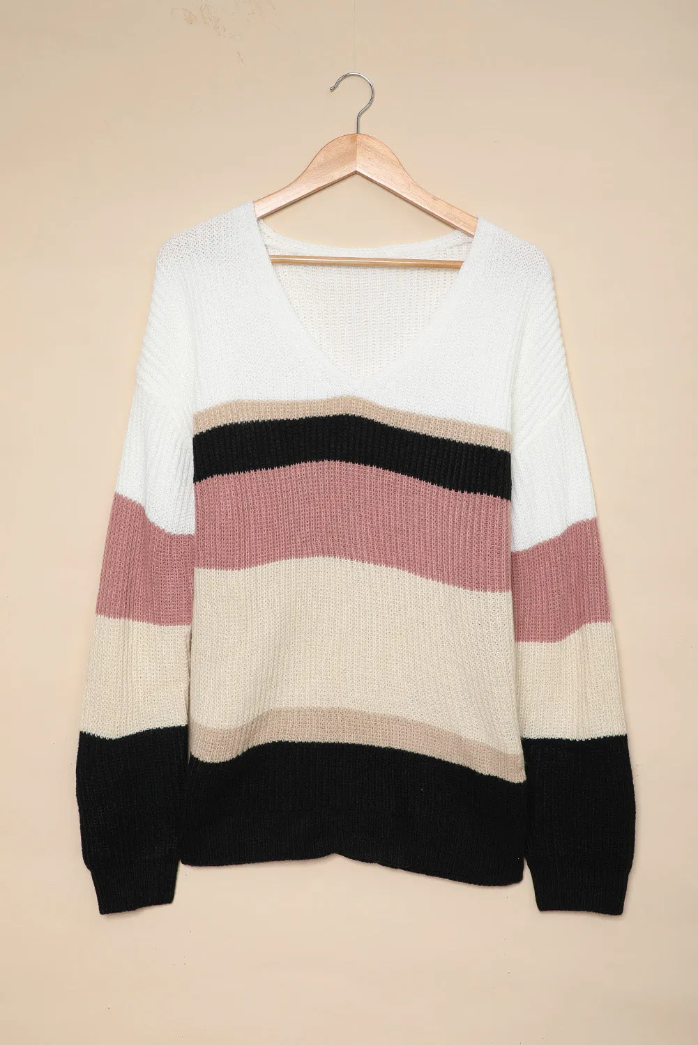Colorblock V Neck Ribbed Knitted Sweater