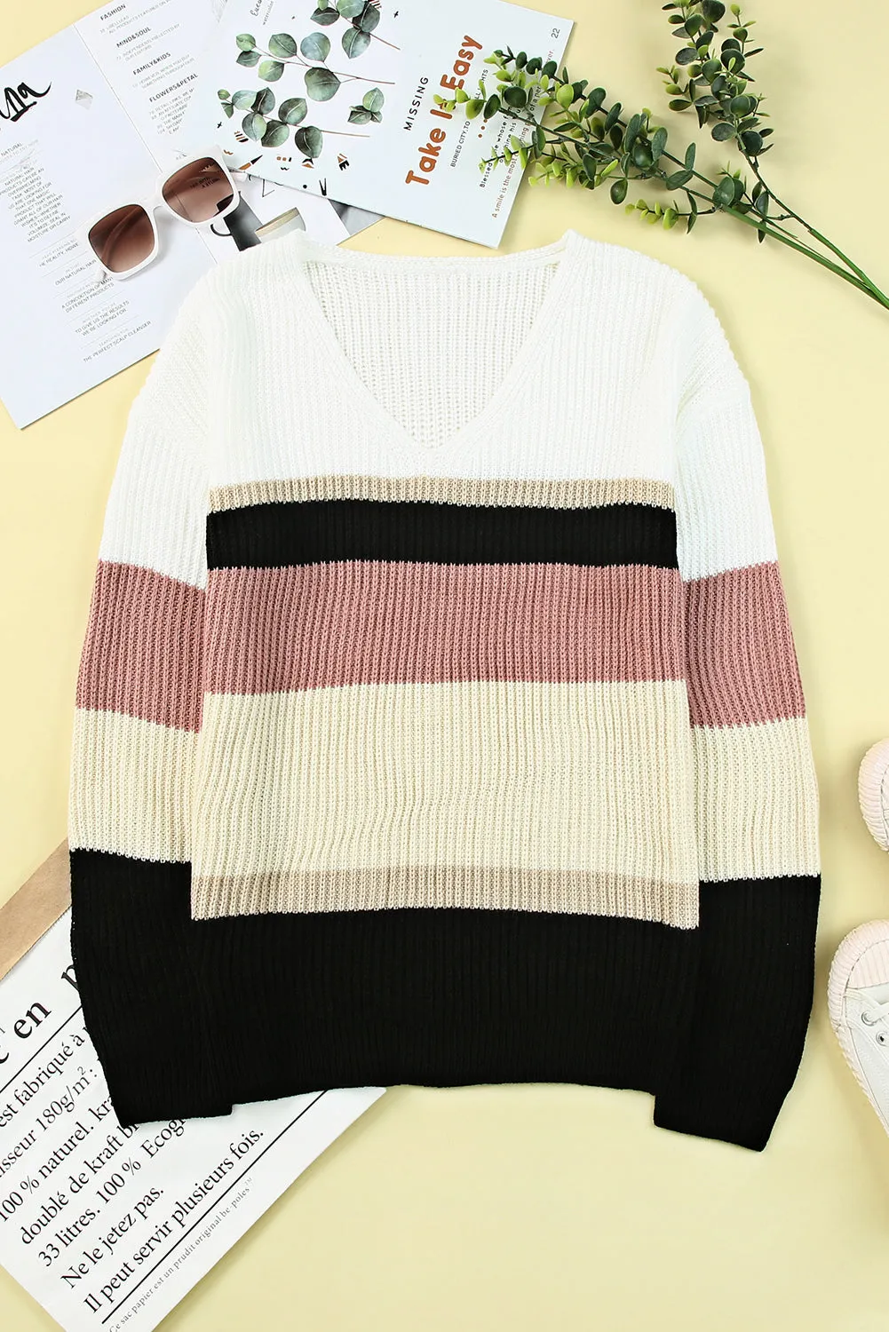 Colorblock V Neck Ribbed Knitted Sweater