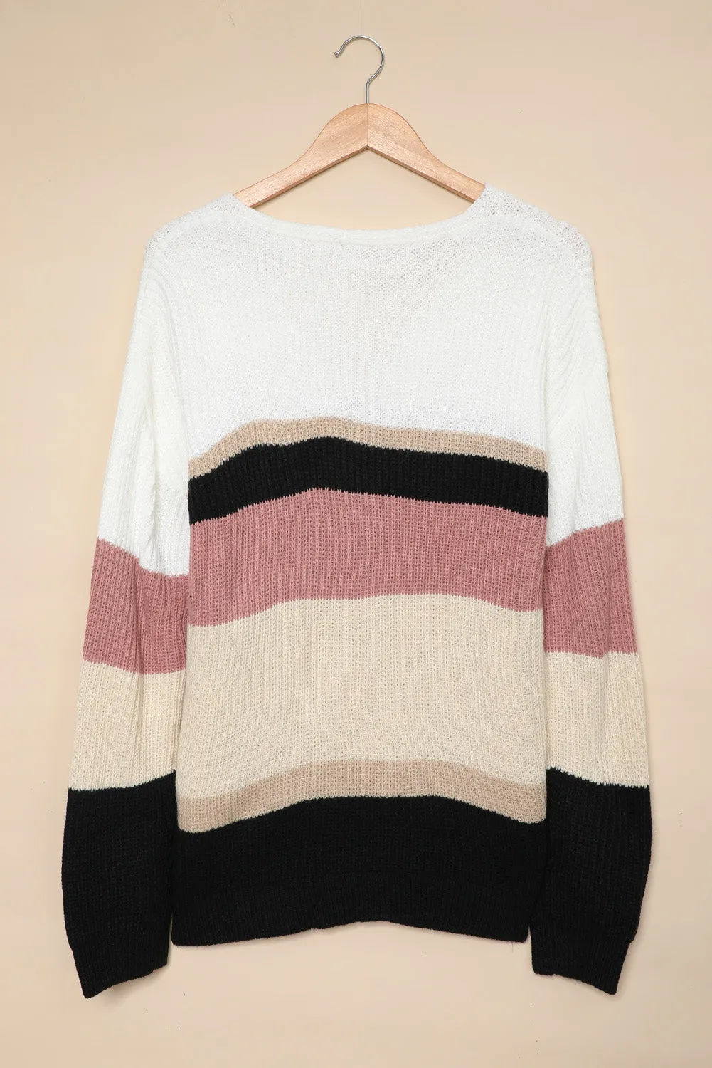 Colorblock V Neck Ribbed Knitted Sweater