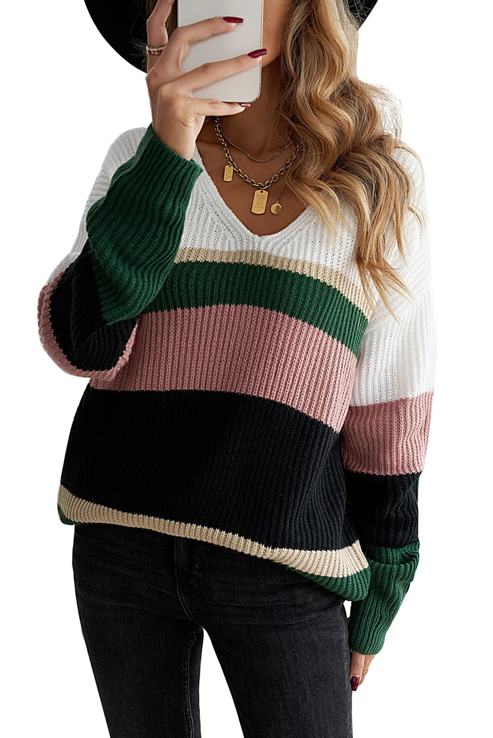 Colorblock V Neck Ribbed Knitted Sweater