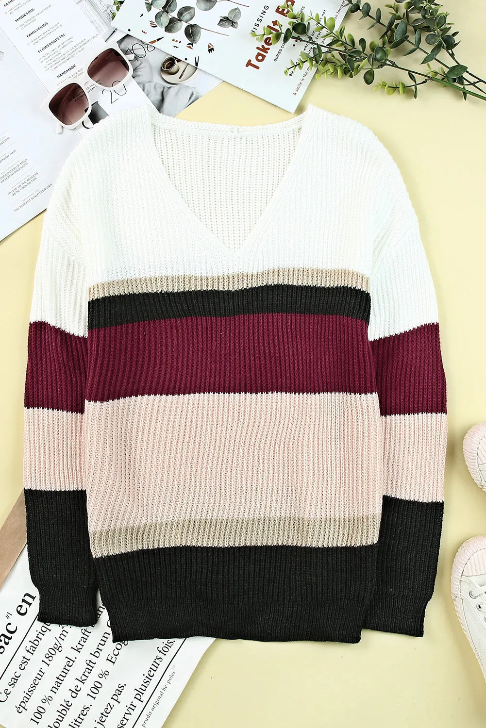 Colorblock V Neck Ribbed Knitted Sweater