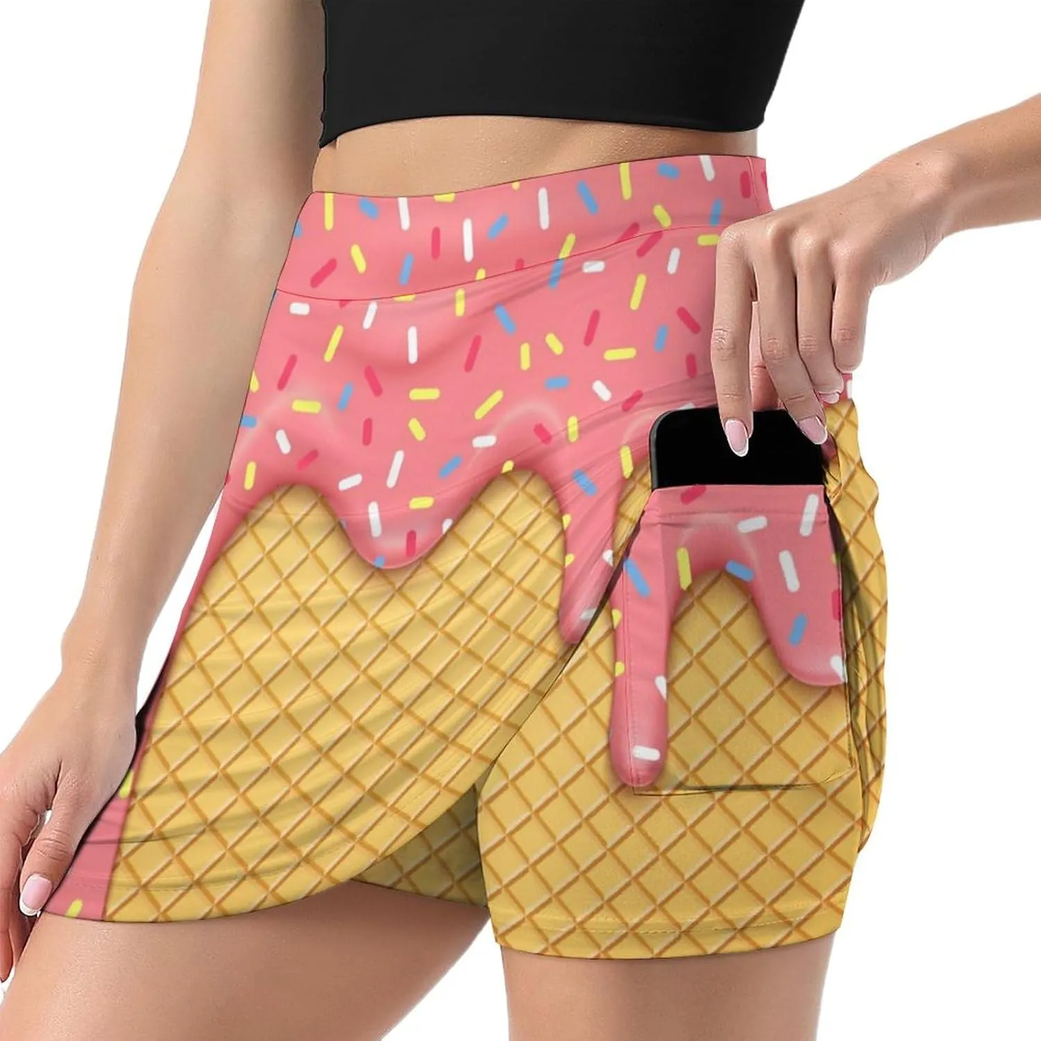 Colorful Sprinkles on Waffle Women's Mini Tennis Skirt with Shorts Underneath Athletic Workout Cute Skorts