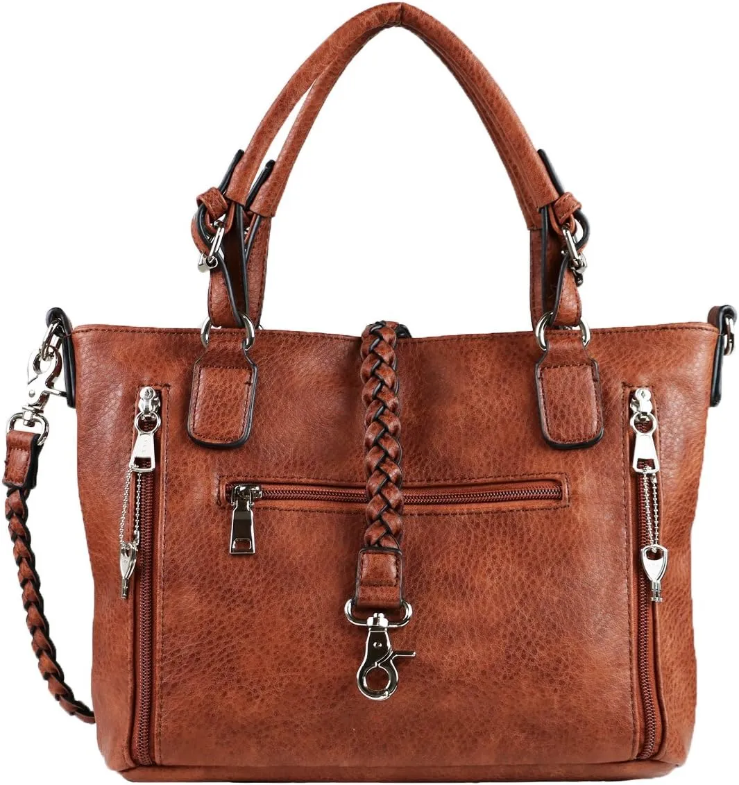 Concealed Ella Carry Purse for Women  Locking Zippers, Braided Strap, Holster Included, Faux Leather Tote