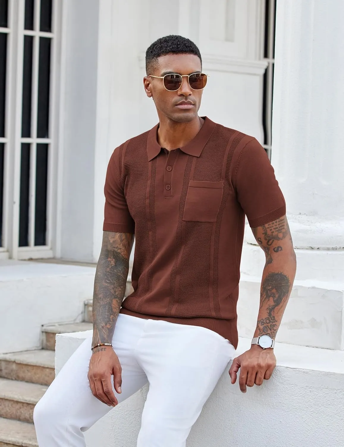 COOFANDY Knit Polo Shirts for Men Short Sleeve Textured Polo Shirt Slim Fit Summer Collared T Shirt with Pocket