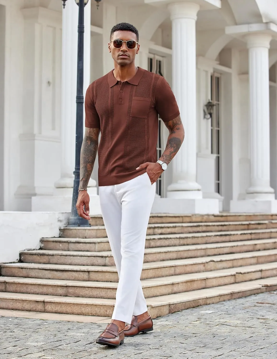 COOFANDY Knit Polo Shirts for Men Short Sleeve Textured Polo Shirt Slim Fit Summer Collared T Shirt with Pocket