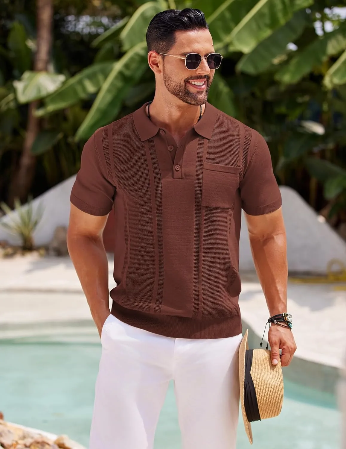 COOFANDY Knit Polo Shirts for Men Short Sleeve Textured Polo Shirt Slim Fit Summer Collared T Shirt with Pocket