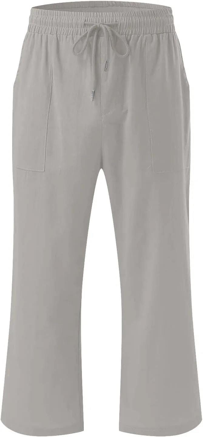 Cotton Linen Capri Pants for Women Casual Summer Straight Wide Leg Palazzo Capris Loose Comfy Beach Cropped Trousers