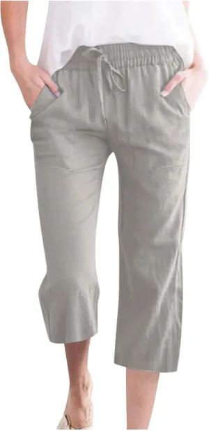 Cotton Linen Capri Pants for Women Casual Summer Straight Wide Leg Palazzo Capris Loose Comfy Beach Cropped Trousers