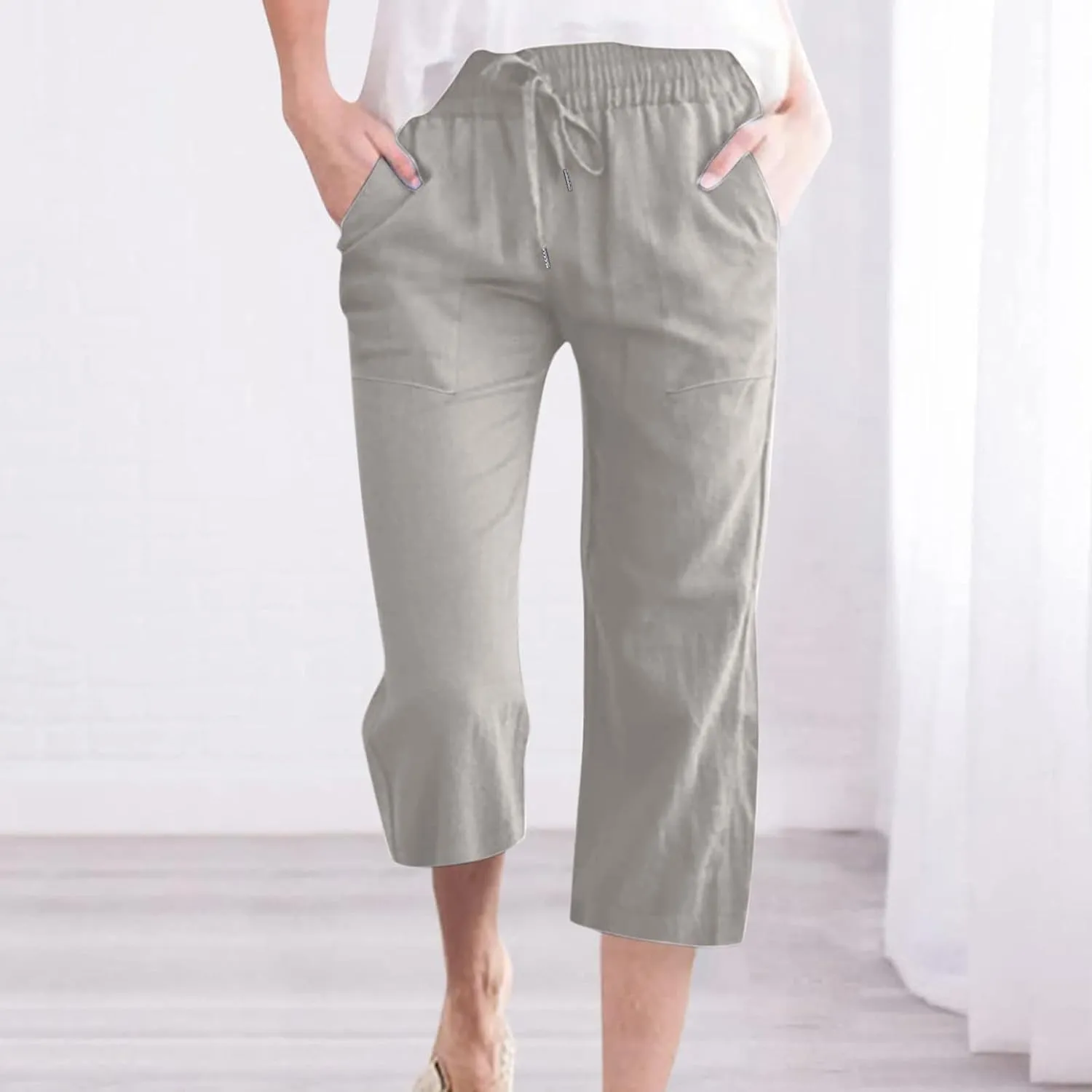 Cotton Linen Capri Pants for Women Casual Summer Straight Wide Leg Palazzo Capris Loose Comfy Beach Cropped Trousers