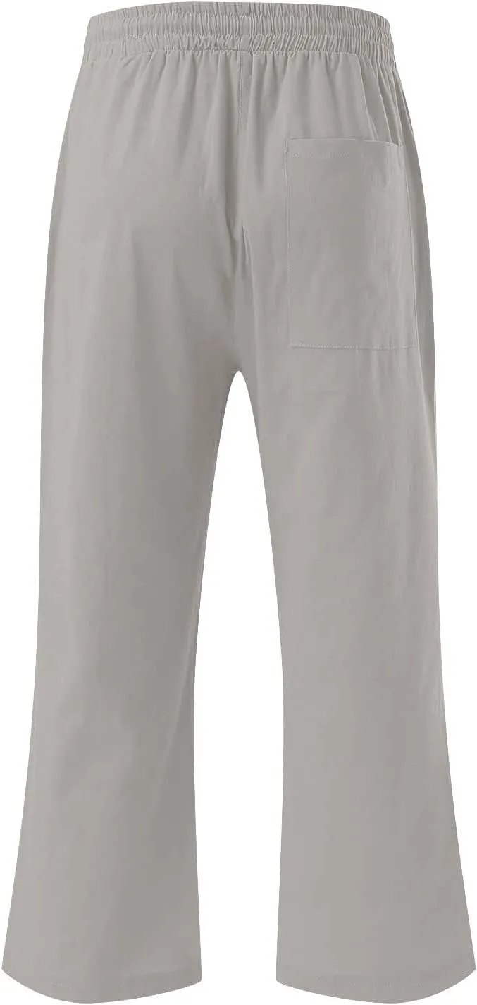 Cotton Linen Capri Pants for Women Casual Summer Straight Wide Leg Palazzo Capris Loose Comfy Beach Cropped Trousers
