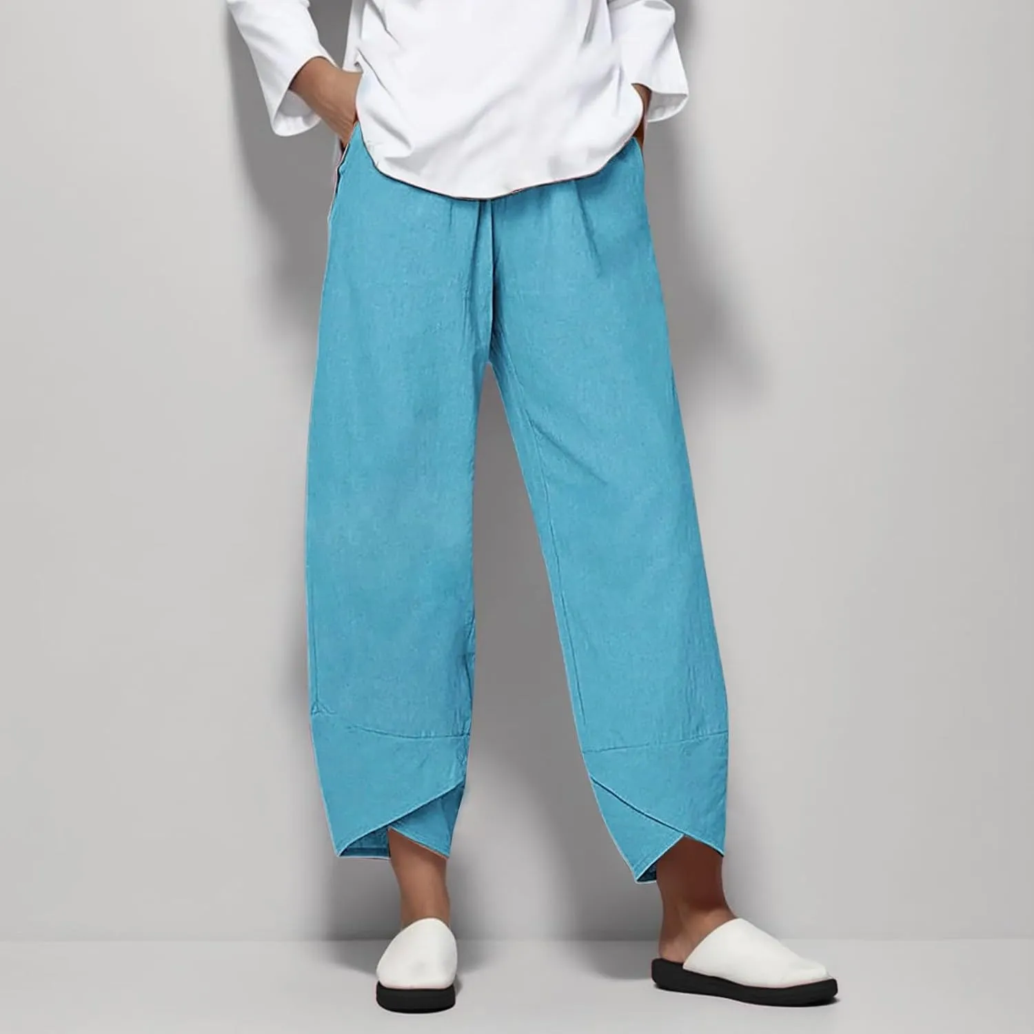 Cotton Linen Pants for Women Capris Plus Size Wide Leg Sweatpants Summer Beach Cropped Elastic Waist Capri Trousers