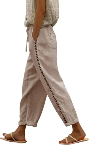 Cotton Linen Pants Women Summer Elastic Waist Loose Straight Leg Capri Pants Side Hollow Beach Trousers with Pockets