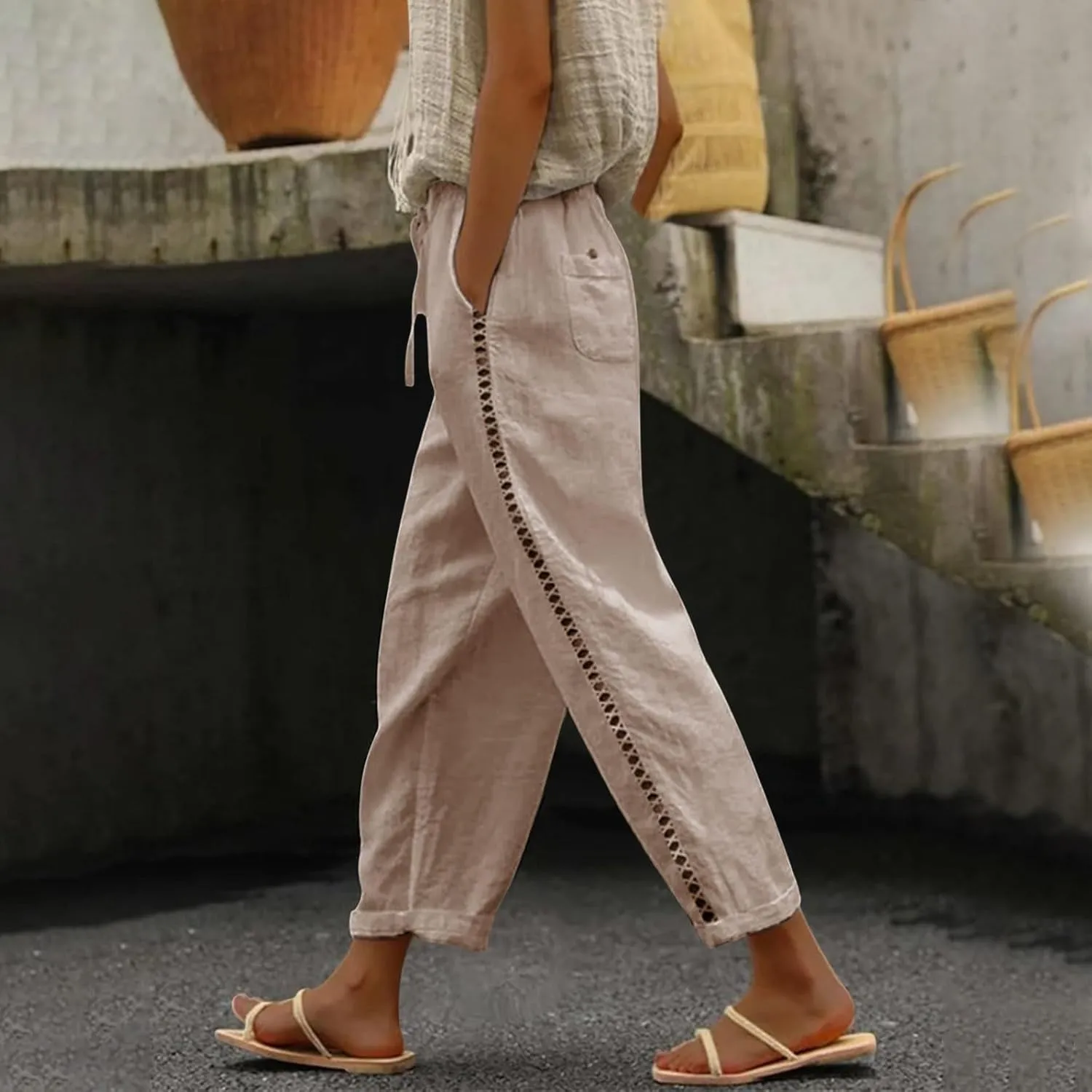 Cotton Linen Pants Women Summer Elastic Waist Loose Straight Leg Capri Pants Side Hollow Beach Trousers with Pockets