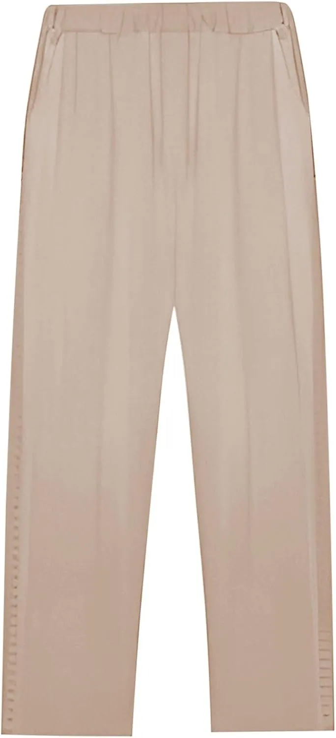 Cotton Linen Pants Women Summer Elastic Waist Loose Straight Leg Capri Pants Side Hollow Beach Trousers with Pockets