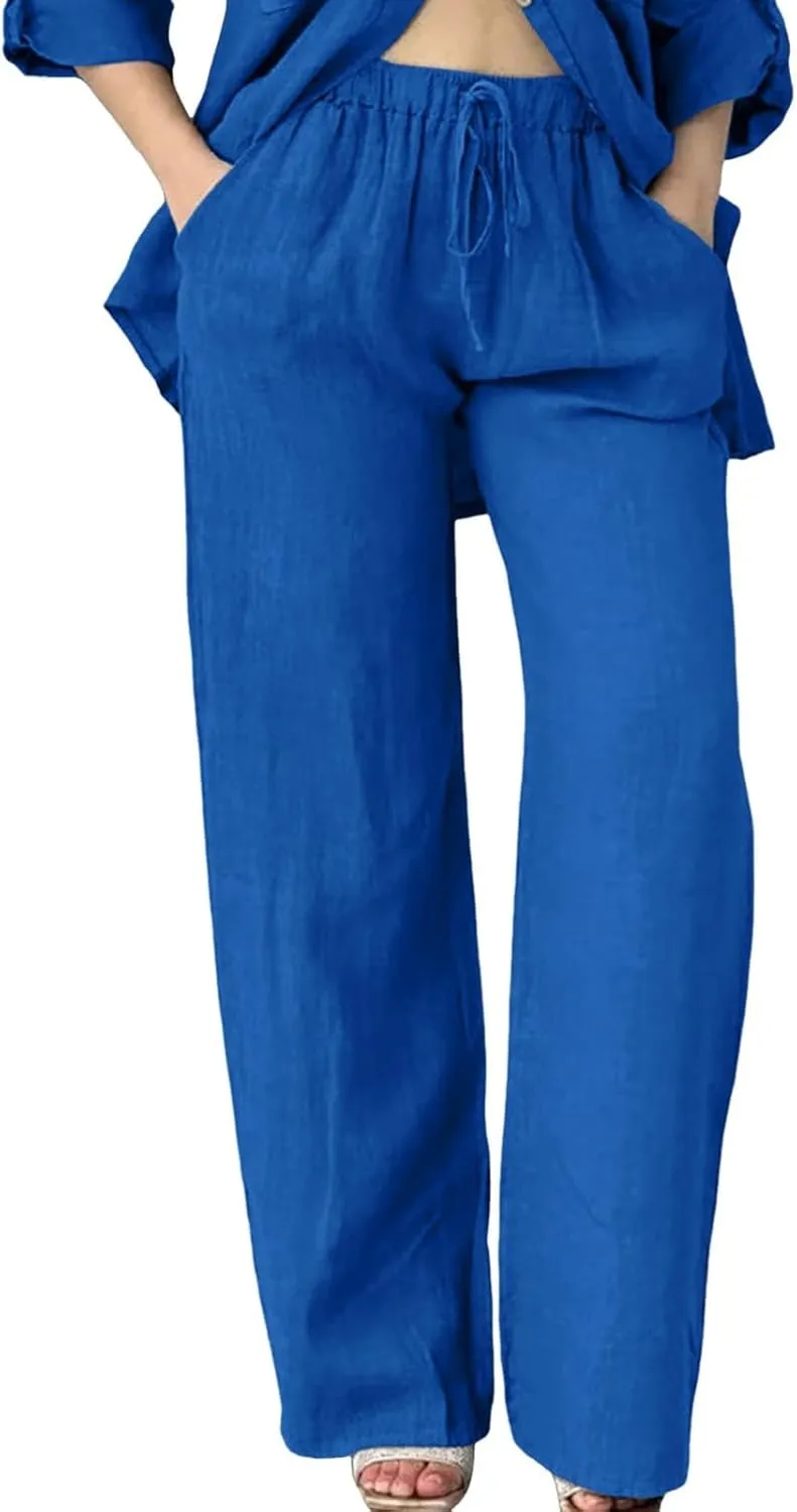Cotton Linen Pants Women Summer High Waist Casual Drawstring Pants Straight Leg Going Out Lounge Trouser with Pocket