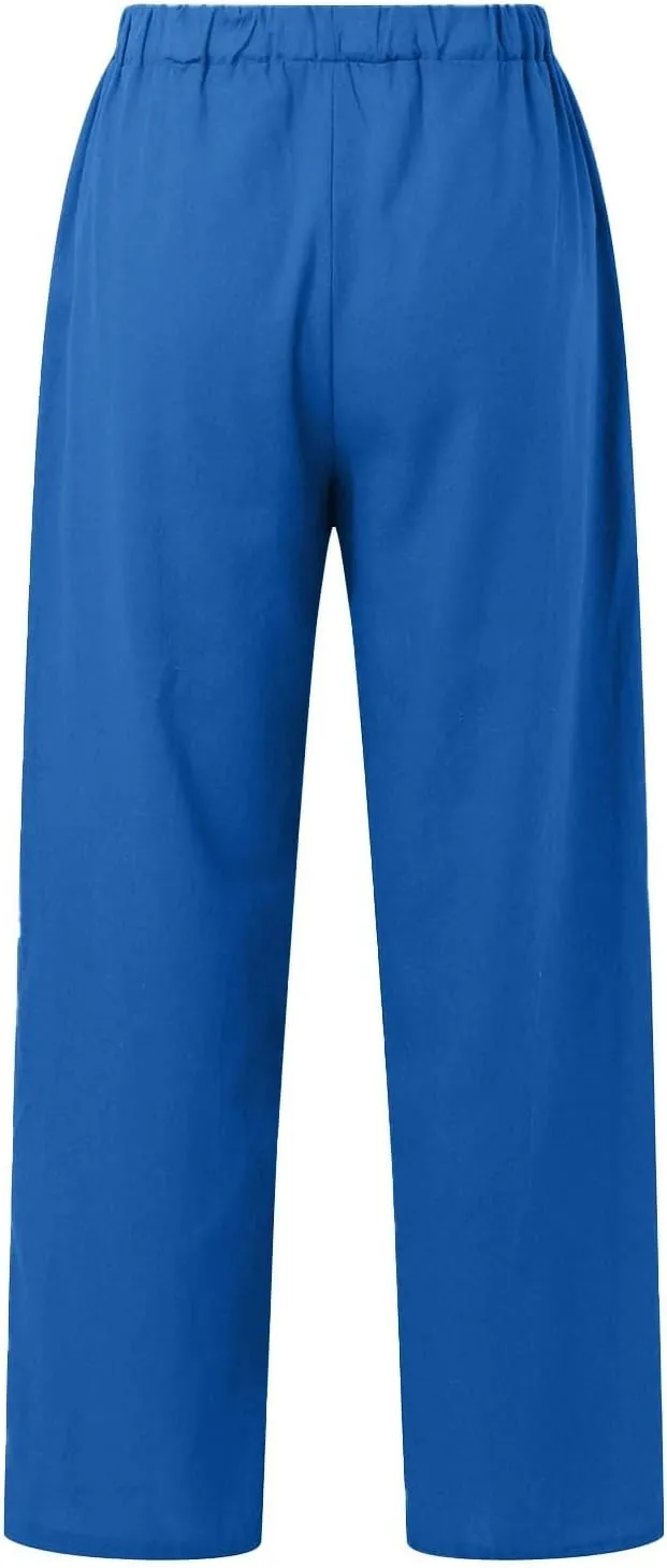 Cotton Linen Pants Women Summer High Waist Casual Drawstring Pants Straight Leg Going Out Lounge Trouser with Pocket