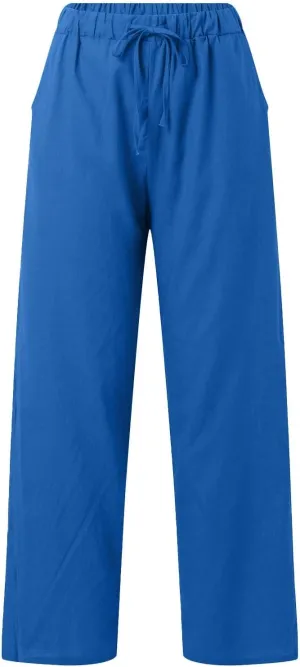 Cotton Linen Pants Women Summer High Waist Casual Drawstring Pants Straight Leg Going Out Lounge Trouser with Pocket