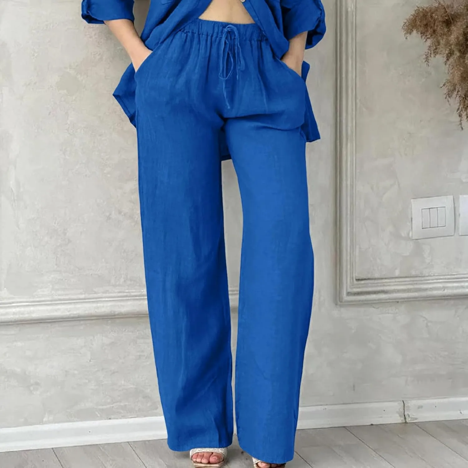 Cotton Linen Pants Women Summer High Waist Casual Drawstring Pants Straight Leg Going Out Lounge Trouser with Pocket