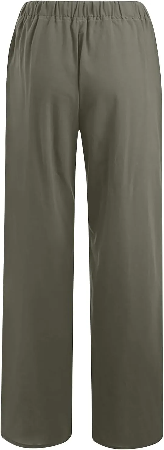 Cotton Linen Pants Women Summer Trendy Drawstring Elastic Waist Lightweight Casual Palazzo Trousers with Pockets