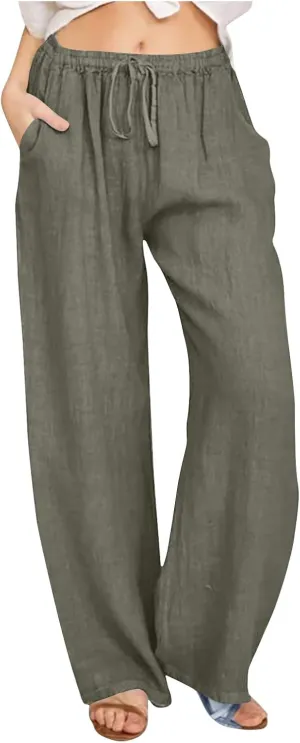 Cotton Linen Pants Women Summer Trendy Drawstring Elastic Waist Lightweight Casual Palazzo Trousers with Pockets