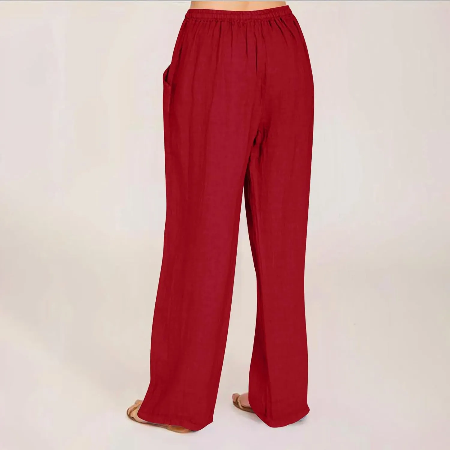 Cotton Linen Pants Women Summer Trendy Drawstring Elastic Waist Lightweight Casual Palazzo Trousers with Pockets