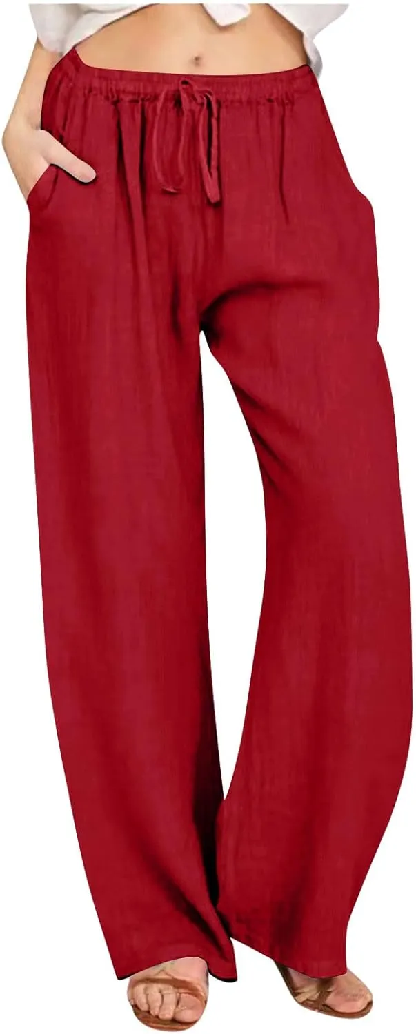 Cotton Linen Pants Women Summer Trendy Drawstring Elastic Waist Lightweight Casual Palazzo Trousers with Pockets