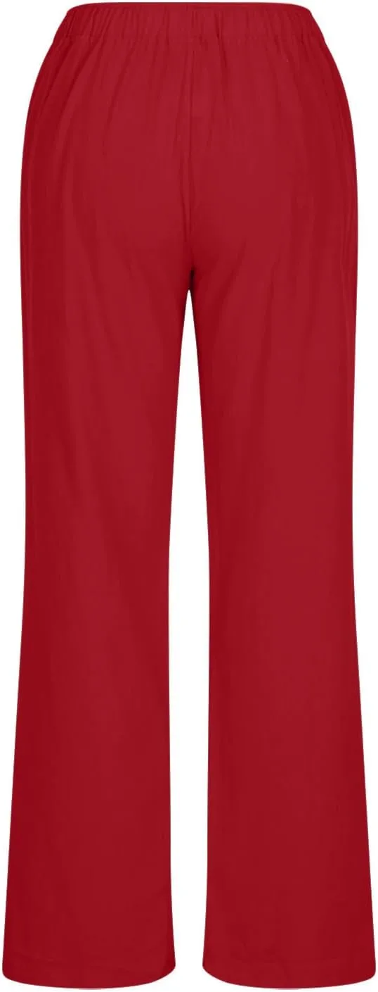 Cotton Linen Pants Women Summer Trendy Drawstring Elastic Waist Lightweight Casual Palazzo Trousers with Pockets