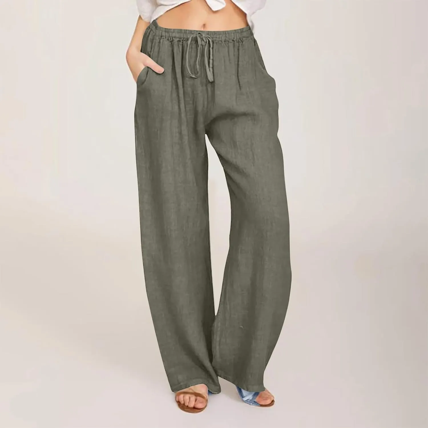 Cotton Linen Pants Women Summer Trendy Drawstring Elastic Waist Lightweight Casual Palazzo Trousers with Pockets