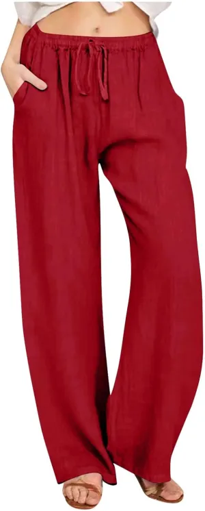 Cotton Linen Pants Women Summer Trendy Drawstring Elastic Waist Lightweight Casual Palazzo Trousers with Pockets