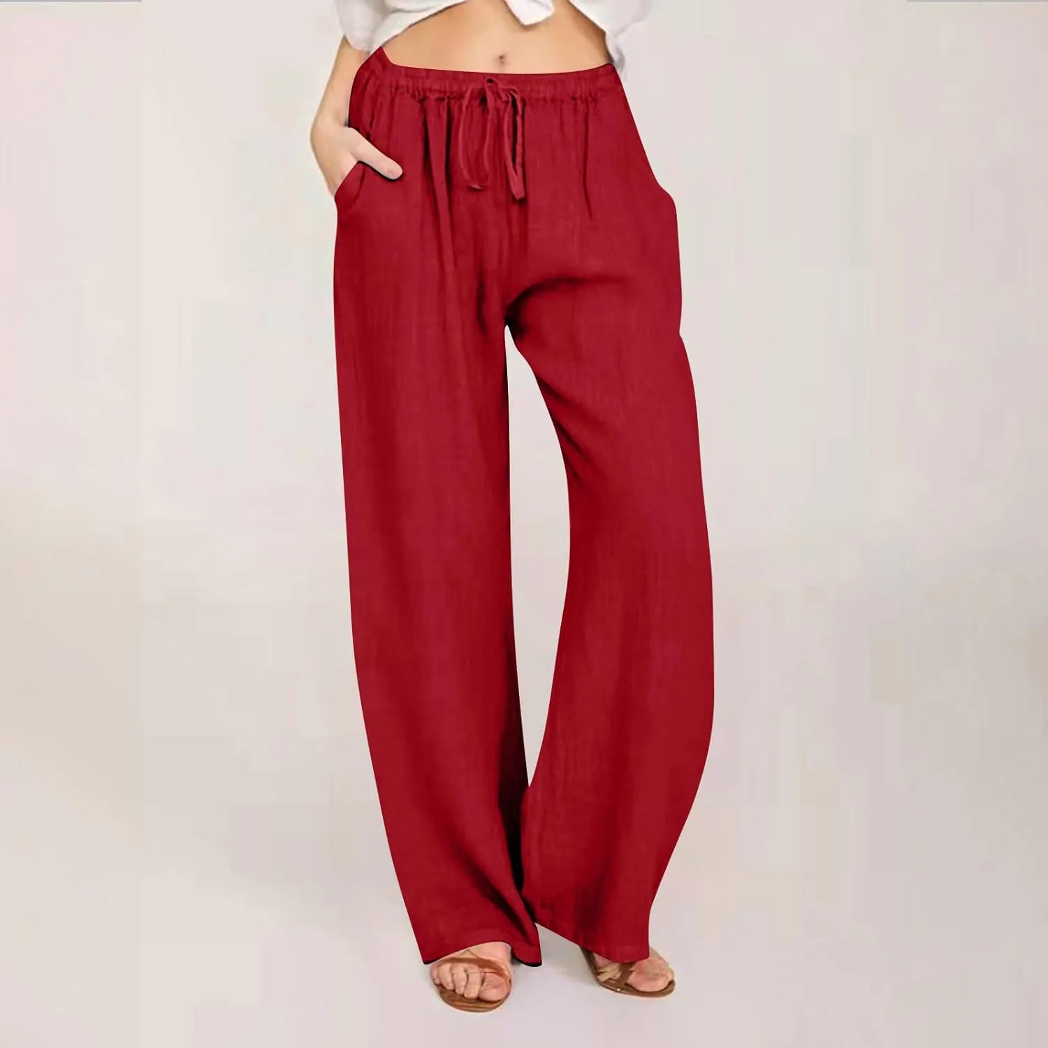 Cotton Linen Pants Women Summer Trendy Drawstring Elastic Waist Lightweight Casual Palazzo Trousers with Pockets