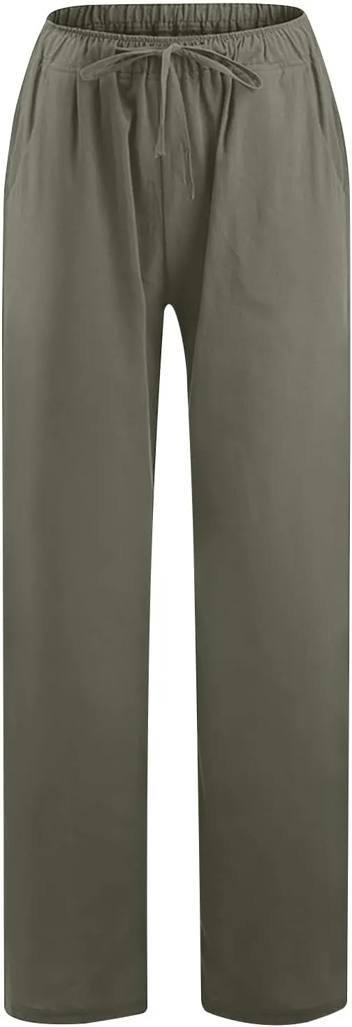 Cotton Linen Pants Women Summer Trendy Drawstring Elastic Waist Lightweight Casual Palazzo Trousers with Pockets
