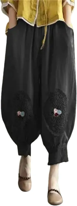 Cotton Linen Pants Women Trendy Boho Floral Embroidered Ruffle Hem Trousers Elastic High Waist Casual Pants Pockets