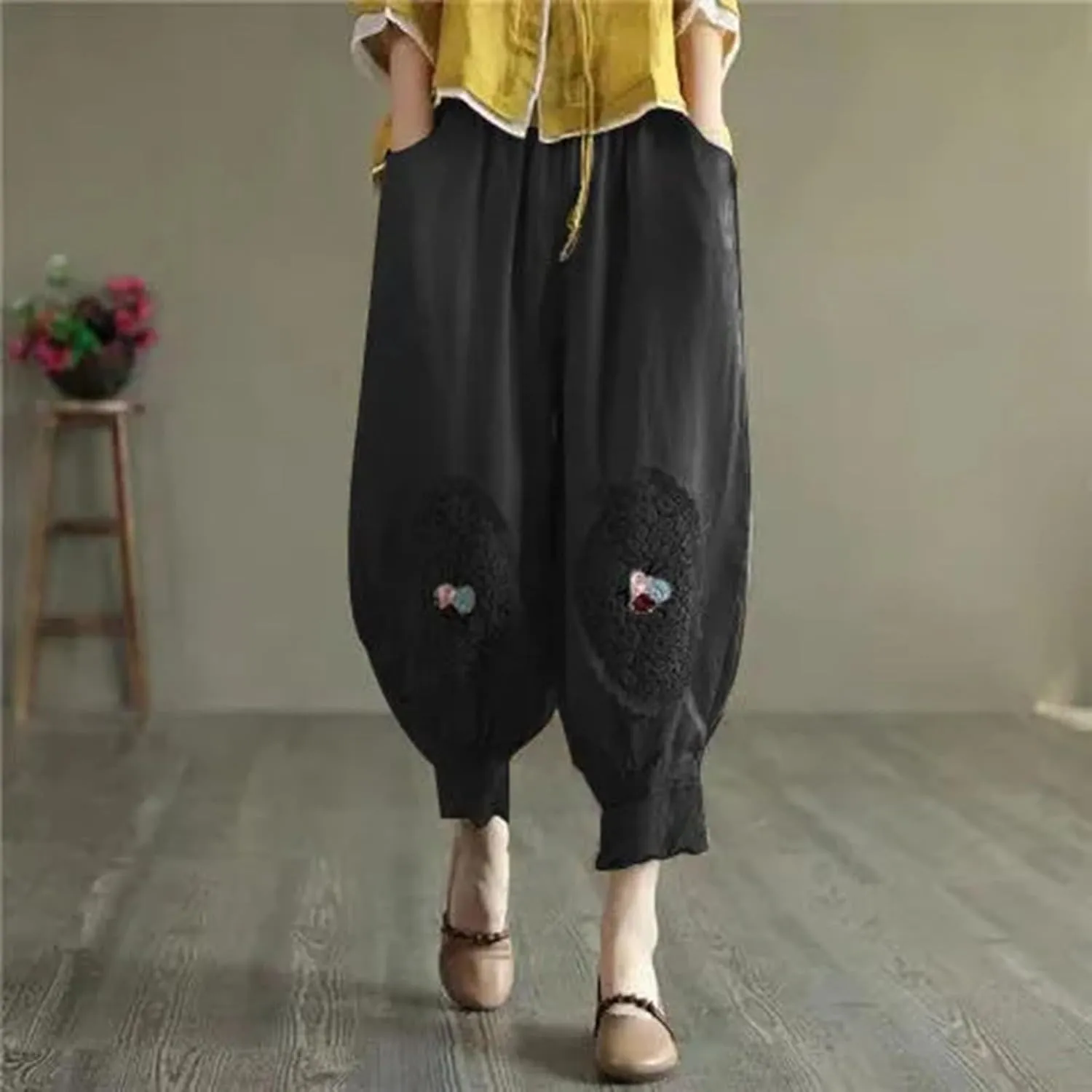 Cotton Linen Pants Women Trendy Boho Floral Embroidered Ruffle Hem Trousers Elastic High Waist Casual Pants Pockets