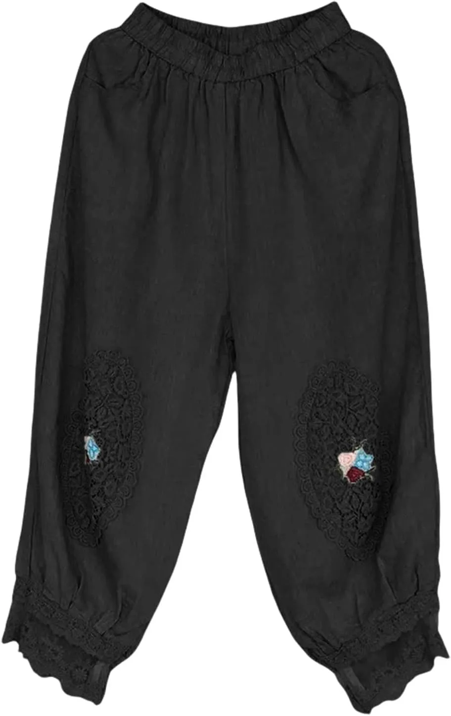 Cotton Linen Pants Women Trendy Boho Floral Embroidered Ruffle Hem Trousers Elastic High Waist Casual Pants Pockets