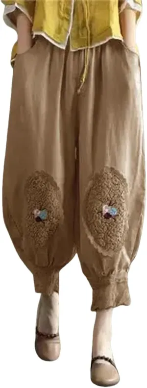 Cotton Linen Pants Women Trendy Boho Floral Embroidered Ruffle Hem Trousers Elastic High Waist Casual Pants Pockets