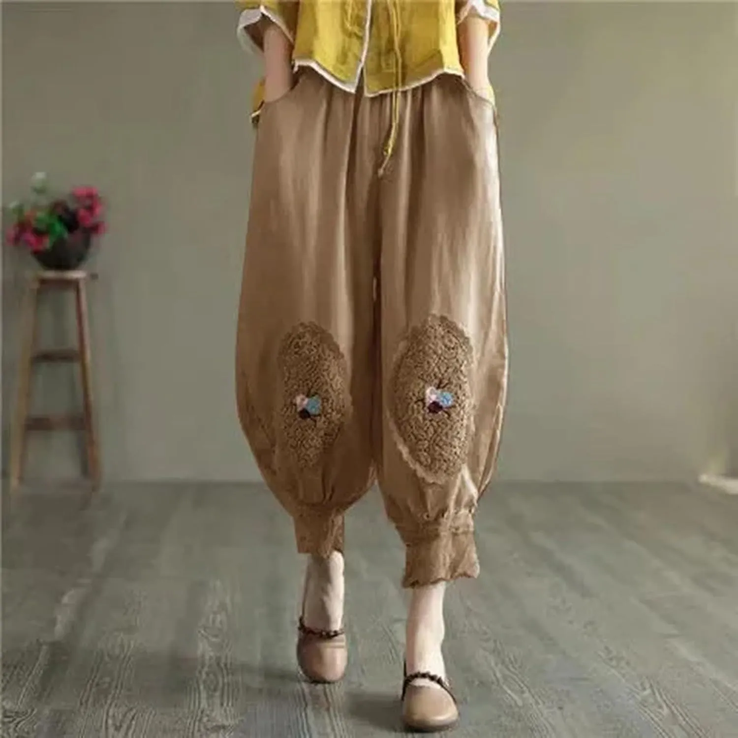 Cotton Linen Pants Women Trendy Boho Floral Embroidered Ruffle Hem Trousers Elastic High Waist Casual Pants Pockets