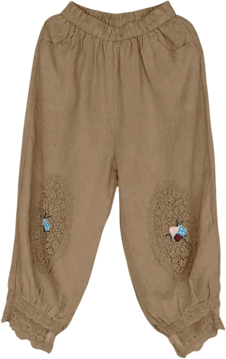 Cotton Linen Pants Women Trendy Boho Floral Embroidered Ruffle Hem Trousers Elastic High Waist Casual Pants Pockets