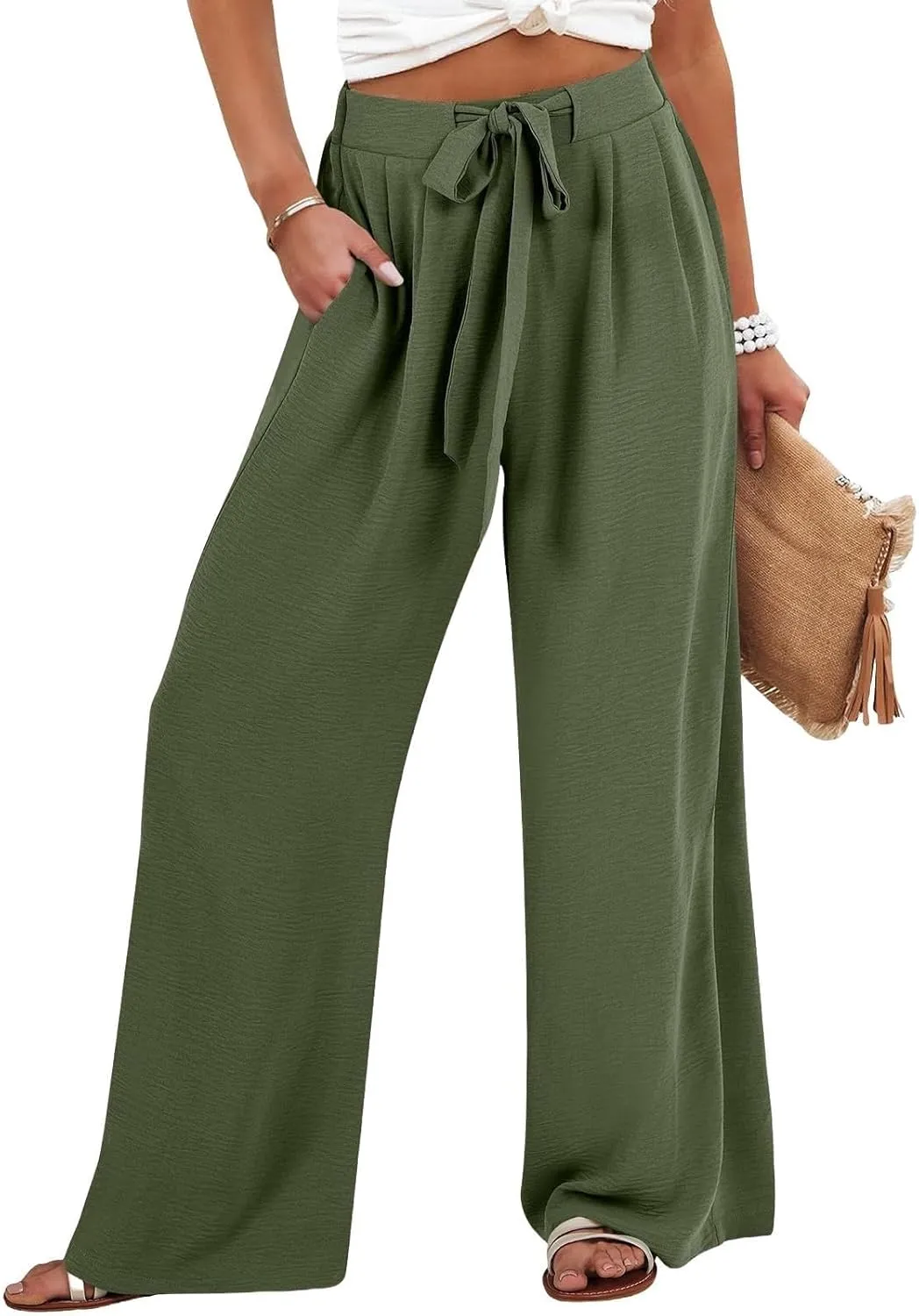 Cotton Linen Pants Women Wide Leg Palazzo Summer High Waist Flowy Casual Trousers Loose Beach Vacation Boho Outfits