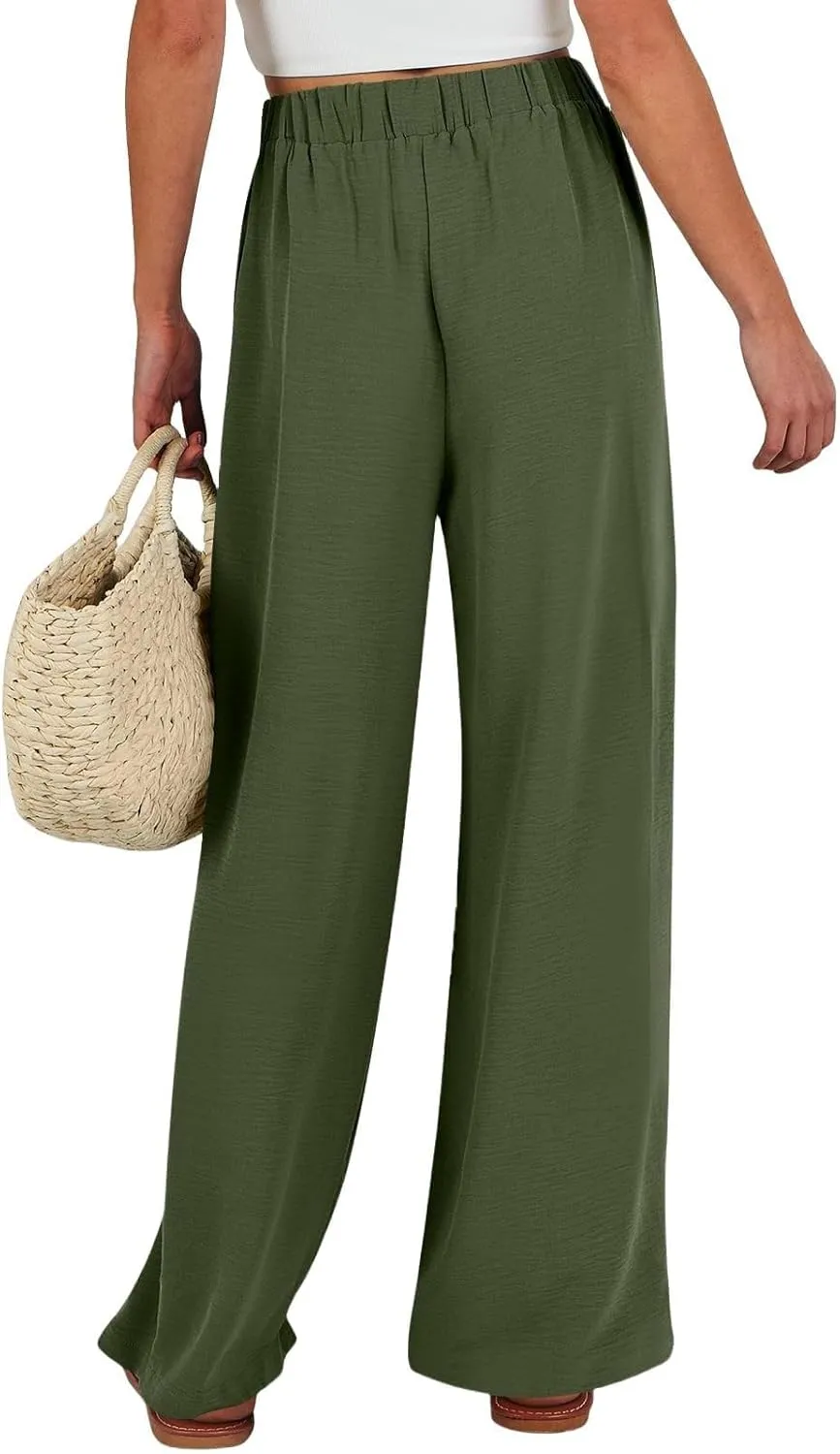 Cotton Linen Pants Women Wide Leg Palazzo Summer High Waist Flowy Casual Trousers Loose Beach Vacation Boho Outfits
