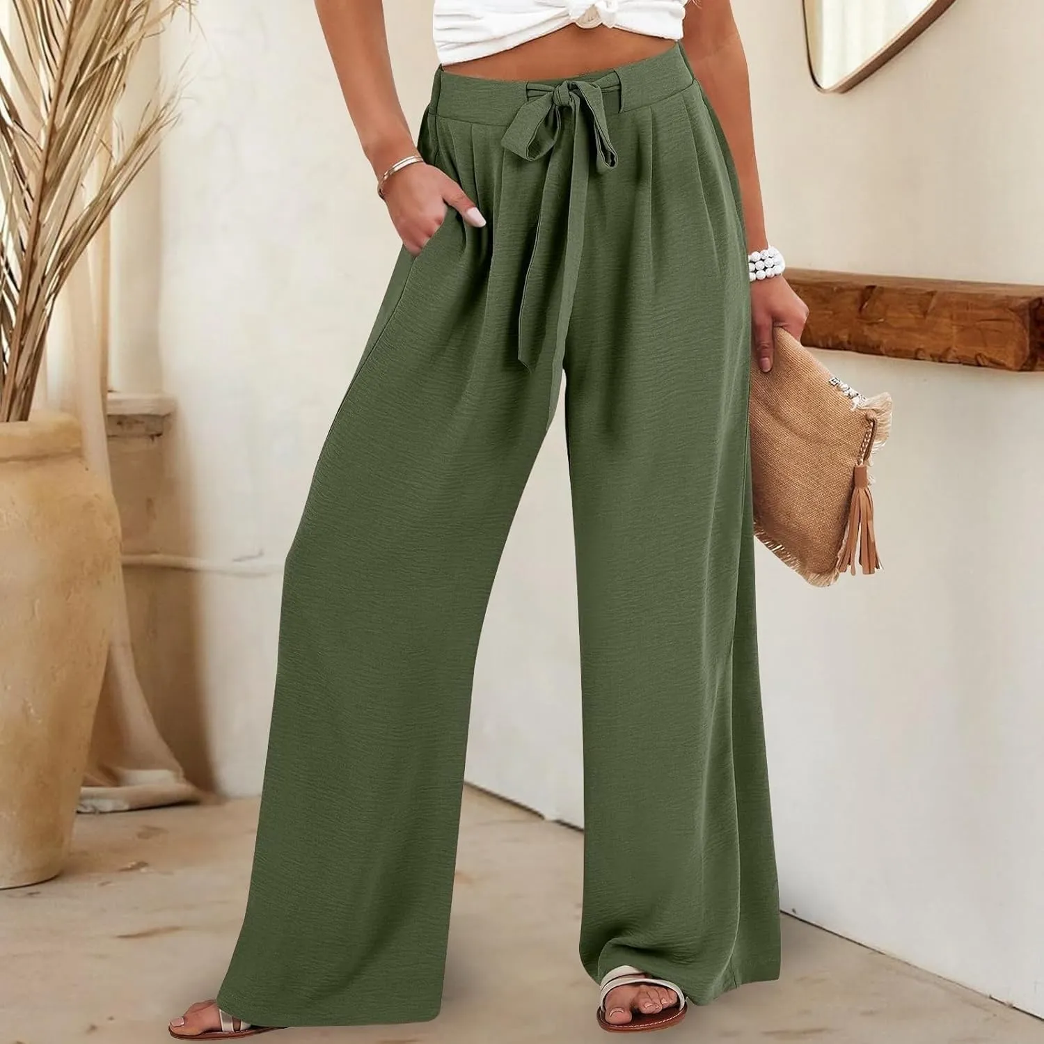 Cotton Linen Pants Women Wide Leg Palazzo Summer High Waist Flowy Casual Trousers Loose Beach Vacation Boho Outfits