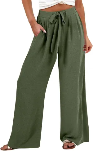 Cotton Linen Pants Women Wide Leg Palazzo Summer High Waist Flowy Casual Trousers Loose Beach Vacation Boho Outfits