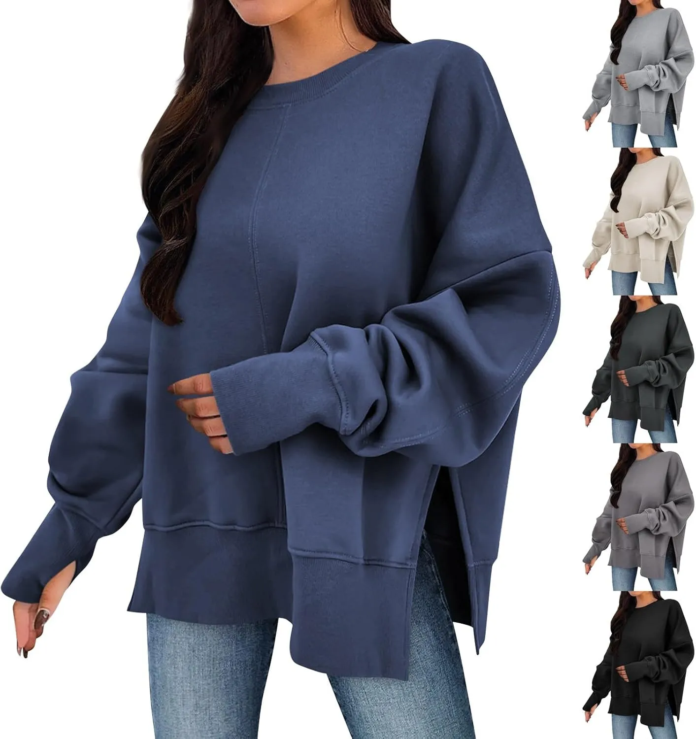 Crew Neck Sweatshirts Women Baggy Split Side Oversized Sweatshirt with Thumb Hole Comfy Lightweight Pullover Sweater