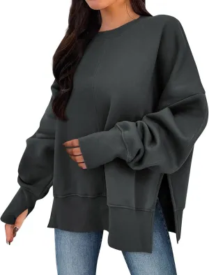 Crew Neck Sweatshirts Women Baggy Split Side Oversized Sweatshirt with Thumb Hole Comfy Lightweight Pullover Sweater