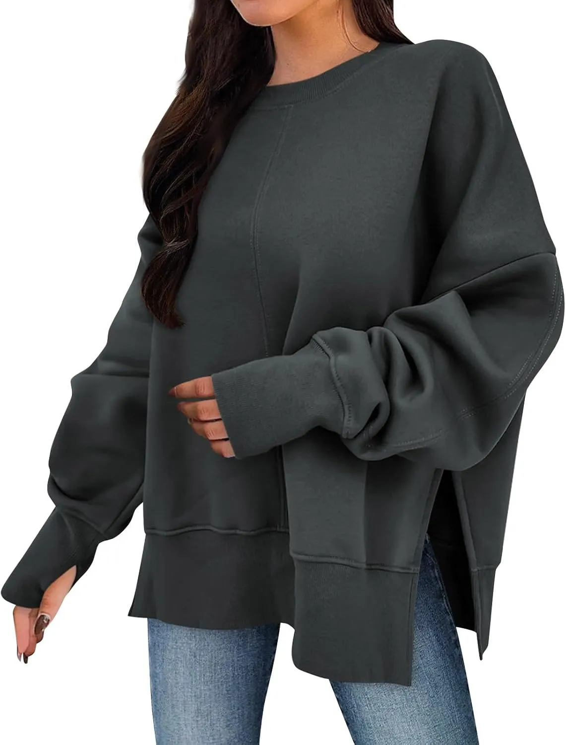 Crew Neck Sweatshirts Women Baggy Split Side Oversized Sweatshirt with Thumb Hole Comfy Lightweight Pullover Sweater